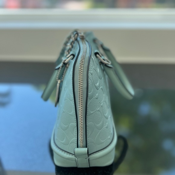 COACH MINI SIERRA SATCHEL IN SIGNATURE DEBOSSED PATENT LEATHER F55450 SV/AQUA - Picture 8 of 14